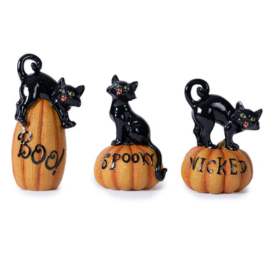 Black Cat on Pumpkin Figurine (Set of 3)