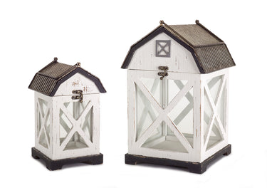 Distressed White Wood Barn Style Lantern (Set of 2)