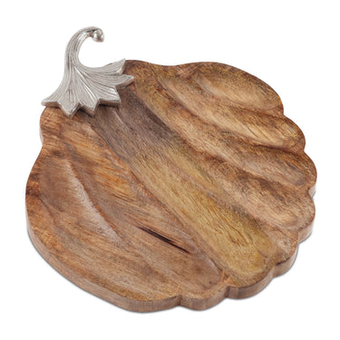 Wooden Pumpkin Tray with Aluminum Stem 15.75"L