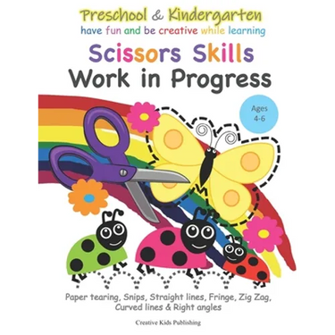 Preschool & Kindergarten Scissors Skills Work in Progress: Paper tearing, Snips, Straight lines, Fringe, Zig Zag, Curved lines & Right angled