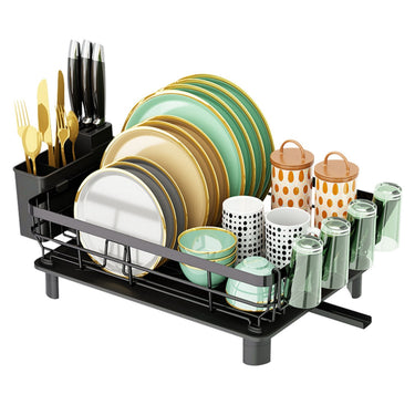 Kitchen Countertop Dish Drying Rack with Utensil Holder, Drain Board, and Storage Shelf