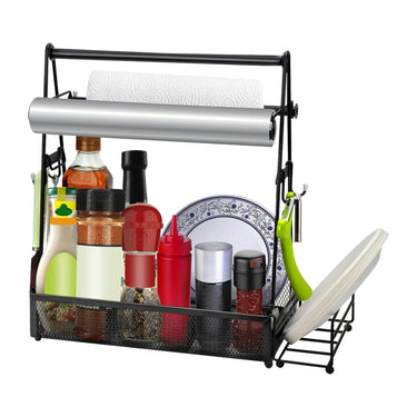 Utensil Caddy Metal Grill Caddy with Paper Towel Holders Utensil Holder for Outdoor Picnic Barbecue Camping Grilling Tools Storage Organizer Barbecue