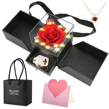 Preserved Red Rose with Heart Necklace, Gift for Women & Mom