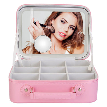 Travel Makeup Bag with LED Mirror, 3 Light Colors, Dimmable Brightness, 10X Magnifying Mirror