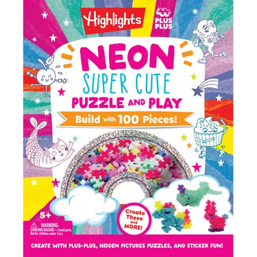 Neon Super Cute Puzzle and Play: Plus-Plus Building Blocks and Hidden Pictures Puzzle Sticker Book Set for Kids 5-9, Create and Personalize with Cute