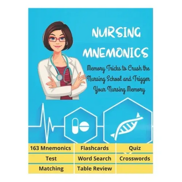 NURSING MNEMONICS - 163 Mnemonics, Flashcards, Quiz, Test, Word Search, Crosswords, Matching, Table Review: Best Help Studying for NCLEX, Memory Trick