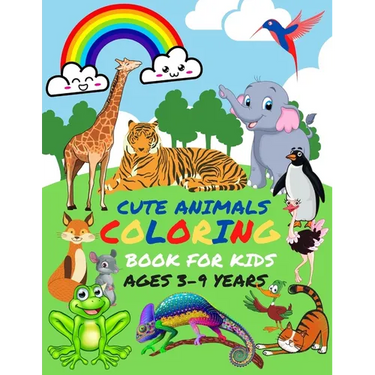 Cute Animals Coloring Book for Kids Ages 3-9 Years: Simple and large design 12 in 1 awesome animals preschool coloring book for toddler and great gift