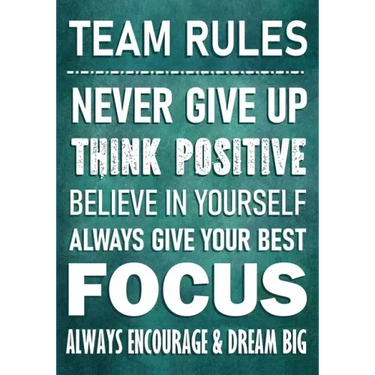 TEAM RULES - Never Give Up - Think Positive - Believe In Yourself - Always Give Your Best - Focus: Always Encourage & Dream Big - Motivational Employe