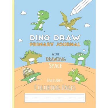 Dino Draw: Primary Journal K-2 Half Page Ruled with Dotted Middle Line and Picture Space - Grades K-2 - Cute Dino Draw Blue Paper