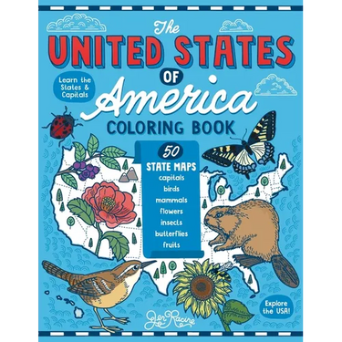 The United States of America Coloring Book: Fifty State Maps with Capitals and Symbols like Motto, Bird, Mammal, Flower, Insect, Butterfly or Fruit