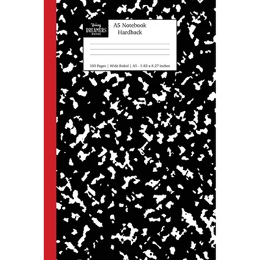 A5 Notebook Hardback: Black and Red Spine Marble Wide Rule Journal
