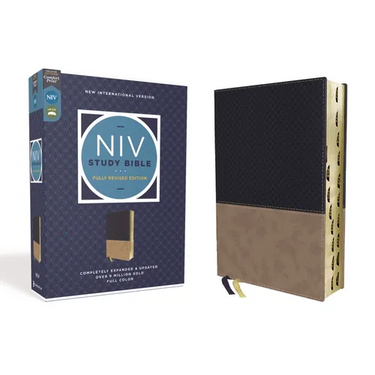 NIV Study Bible, Fully Revised Edition, Leathersoft, Navy/Tan, Red Letter, Thumb Indexed, Comfort Print