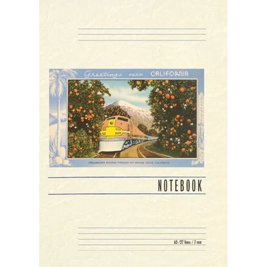 Vintage Lined Notebook Greetings from California, Train through Orange Groves
