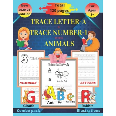 Trace letter-A & Trace number-1 with animals: Kindergarten handwriting workbook(alphabet activity book, letter tracing book, number tracing book)
