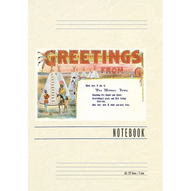Vintage Lined Notebook Greetings from Des Moines, Tepees