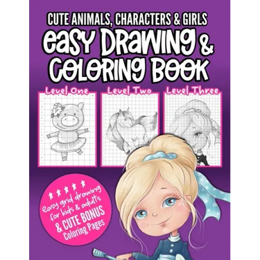 Cute Animals, Characters & Girls Easy Drawing & Coloring Book: Grid drawing book for kids and adults to learn how to draw and to enjoy coloring pages