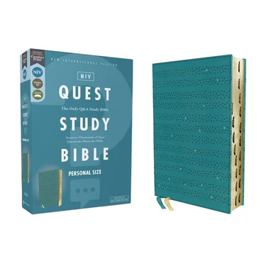 Niv, Quest Study Bible, Personal Size, Leathersoft, Teal, Thumb Indexed, Comfort Print: The Only Q and A Study Bible