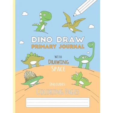 Dino Draw: Primary Journal K-2 Half Page Ruled with Dotted Middle Line and Picture Space - Grades K-2 - Cute Dino Draw Blue Paper