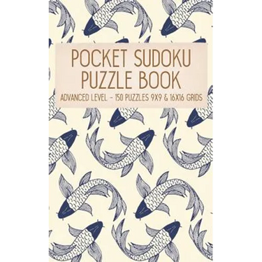 Pocket Sudoku Puzzle Book: Advanced Level - 150 puzzles 9x9 & 16x16 grids Koi Fish Pattern Blue Travel Size Paperback Notebook