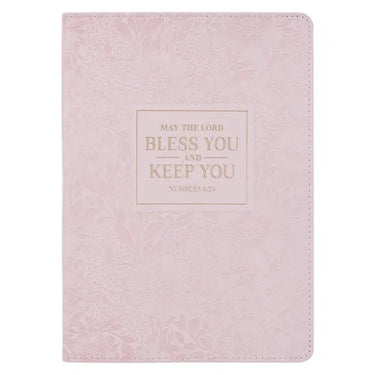 Christian Art Gifts Classic Journal Bless You and Keep You Num. 6:24 Bible Verse, Inspirational Scripture Notebook, Ribbon Marker, Pink Vegan Leather