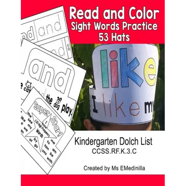 Read and Color Sight Words Practice 53 Hats: Kindergarten Dolch List CCSS.RF.K.3.C
