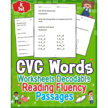 CVC Words Worksheets Decodable Reading Fluency Passages for GRAD K to 1st: Enhance GRAD K to 1st reading skills with engaging CVC words worksheets and