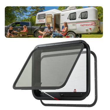 Exit RV Window 30" W x 20" H Emergency Push Out Window W/ Screen & Ring Cargo