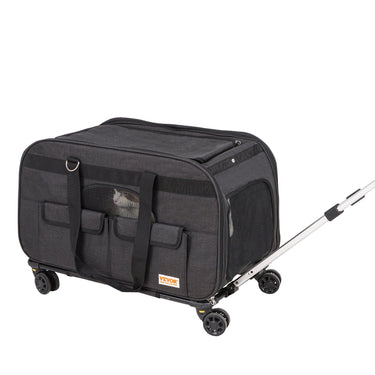 Cat Carrier with Wheels, Rolling Pet Carrier with Telescopic Handle and Shoulder Strap, Dog Carrier with Wheels for Pets under 35 lbs, with 1 Folding Bowl, Black