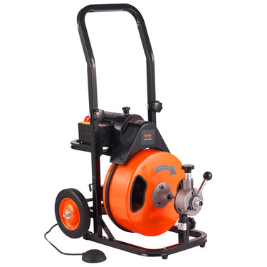 Drain Cleaning Machine 100FT x 3/8 Inch, Sewer Snake Machine Auto Feed, Drain Auger Cleaner with 4 Cutter & Air-Activated Foot Switch for 1" to 4" Pipes