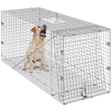 Live Animal Cage Trap, 42" x 16" x 18" Humane Cat Trap Galvanized Iron, Folding Animal Trap with Handle for Stray Dogs, Armadillos, Raccoons, Marmots, Foxes