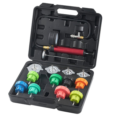 14 pcs Universal Radiator Pressure Tester Kit, Coolant Pressure Tester Kit with Manual Pump and Color-coded Steel Test Cap Adapters, with Toolbox, For Cars Motorcycles Trucks Cooling System