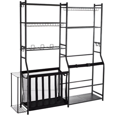 Golf Storage Garage Organizer, 2 Golf Bag Storage Stand Holder and Other Sports Equipment Storage Rack, Outdoor Steel Ball Cart, Sports Gear and Toys Storage Shelves with Baskets & Hooks, Black