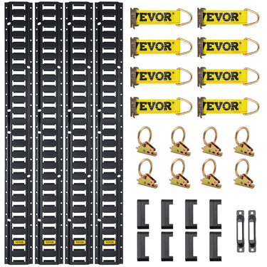 E Track Tie-Down Rail Kit, 30PCS 5FT E-Tracks Set Includes 4 Steel Rails & 2 Single Slot & 8 O Rings & 8 Tie-Offs w/D-Ring & 8 End Caps, Securing Accessories for Cargo, Motorcycles, and Bikes
