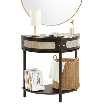 Half-moon Rattan Console Table 2 Storage Drawers Rattan Sliding Door Black