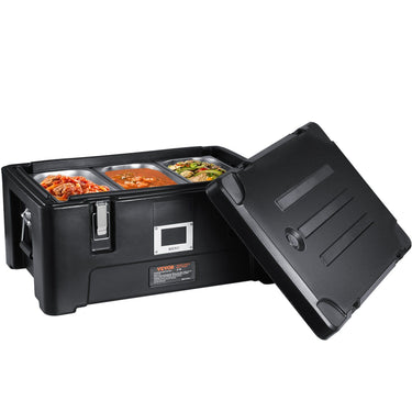 Insulated Food Pan Carrier, 36Qt Capacity, Stackable Catering Hot Box w/ 3 Stainless Steel Pans, Top Load LLDPE Food Warmer w/Elastic Side Handles and Buckles, for Restaurant Canteen, Black