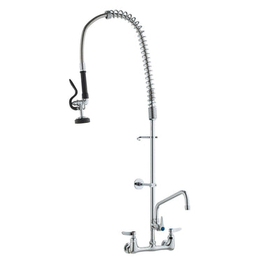 Commercial Faucet with Pre-Rinse Sprayer, 44" Height, 8" Center, 12" Swing Spout, Wall Mount Kitchen Sink Faucet, Brass Constructed Device with Pull Down Spray, for 1/2/3 Compartment Sink