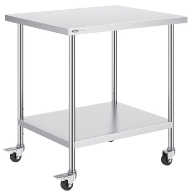 Stainless Steel Work Table 30 x 36 x 38 Inch, with 4 Wheels, 3 Adjustable Height Levels, Heavy Duty Food Prep Worktable for Commercial Kitchen Restaurant, Silver