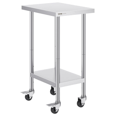 Stainless Steel Work Table 24 x 18 x 38 Inch, with 4 Wheels, 3 Adjustable Height Levels, Heavy Duty Food Prep Worktable for Commercial Kitchen Restaurant, Silver