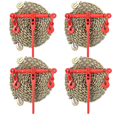 Chain Load Binder, 5/16" Tie Down Kit w/ 6600LBS Working Load Capacity and Two Grab Hooks, Includes (4) Ratchet Binders - (4) 21' Grade 80 Chains, Transport Load Package for Hauling, Towing