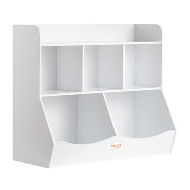Wood Kid Storage Cubby, Toy Storage Organizer with Bookshelf, 5-Cubby Wood Toy Storage Cabinet, Children Book Toy Shelf for Kids Room, Playroom, Kindergarten, Nursery, White