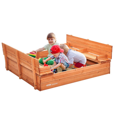 Wooden Sandbox, 52.4 x 47.2 x 16.9 in Sand Box, Sand Pit with Foldable Bench Seats and Bottom Liner, Natural Wood Kids Sandbox for Outdoor Backyard, Beach, Park, Gift for Boys Girls Ages 3-12