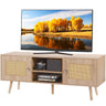 Rattan TV Stand, Boho TV Cabinet for 55 inch TV, Mid Century Modern TV Stand, Rattan TV Console with Adjustable Shelfs for Living Room, Media Room, Oak