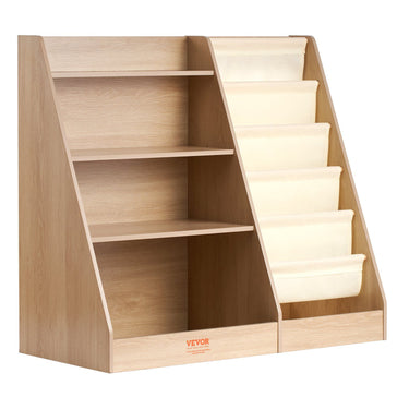Wooden Kids Bookshelf 4-Tier, Toy Storage Organizer for Toddler, Book Shelf for Kids Rooms with 6-Layer Sling Book Rack, Baby Book Storage Shelves for Kids Room, Playroom, Kindergarten, Nursery