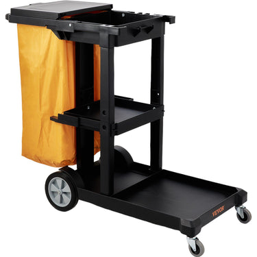 Cleaning Cart, 3-Shelf Commercial Janitorial Cart, 200 lbs Capacity Plastic Housekeeping Cart, with 25 Gallon PVC Bag and Cover, 47 x 20 x 38.6in, Yellow&Black
