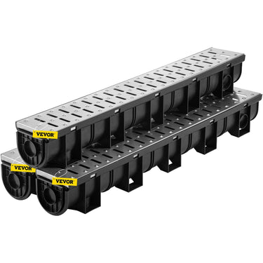 Trench Drain System, Channel Drain with Metal Grate, 5.9x5.1-Inch HDPE Drainage Trench, Black Plastic Garage Floor Drain, 3x39 Trench Drain Grate, with 3 End Caps, for Garden, Driveway-3 Pack