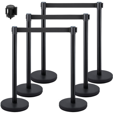 Crowd Control Stanchions, 6-Pack Solid Base Crowd Control Barriers with 3PCS 6.6FT Black Retractable Belts, Black Stanchion Queue Post, Belt Barriers Line Divider Stanchion Set