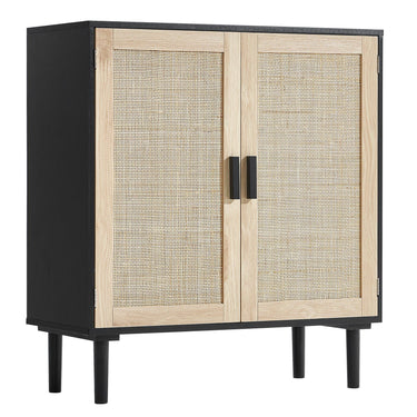 Rattan Cabinet, Rattan Storage Cabinet 31.5inch with 2 Magnetic Doors and Adjustable Shelves, Sideboard Buffet Cabinet for Hallway, Entryway, Living Room, or Kitchen, Black