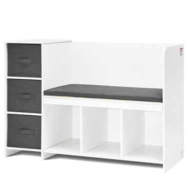 Kids Reading Nook Bench, Toddler Bookshelf and Bookcase with Detachable Seat Cushion, 6-Cubby Storage Organizer Bench with 3 Drawers, Ideal for Playroom, Bedroom, Living Room or Entryway, White