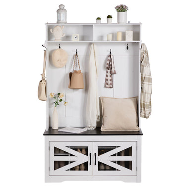 Hall Tree Entryway Bench, LED Coat Rack with Shoe Storage, 42" Wide Mudroom Bench with Storage and Seating, Adjustable Shelves and 7 Hanging Hooks, for Mudroom, Entryway, Hallway
