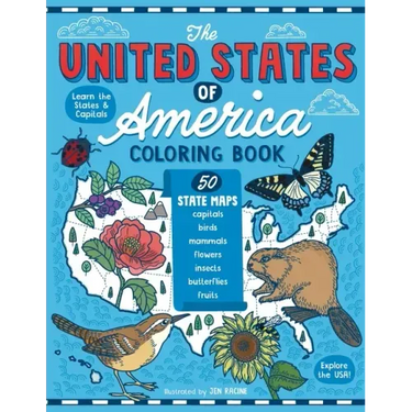 The United States of America Coloring Book: Fifty State Maps with Capitals and Symbols like Motto, Bird, Mammal, Flower, Insect, Butterfly or Fruit